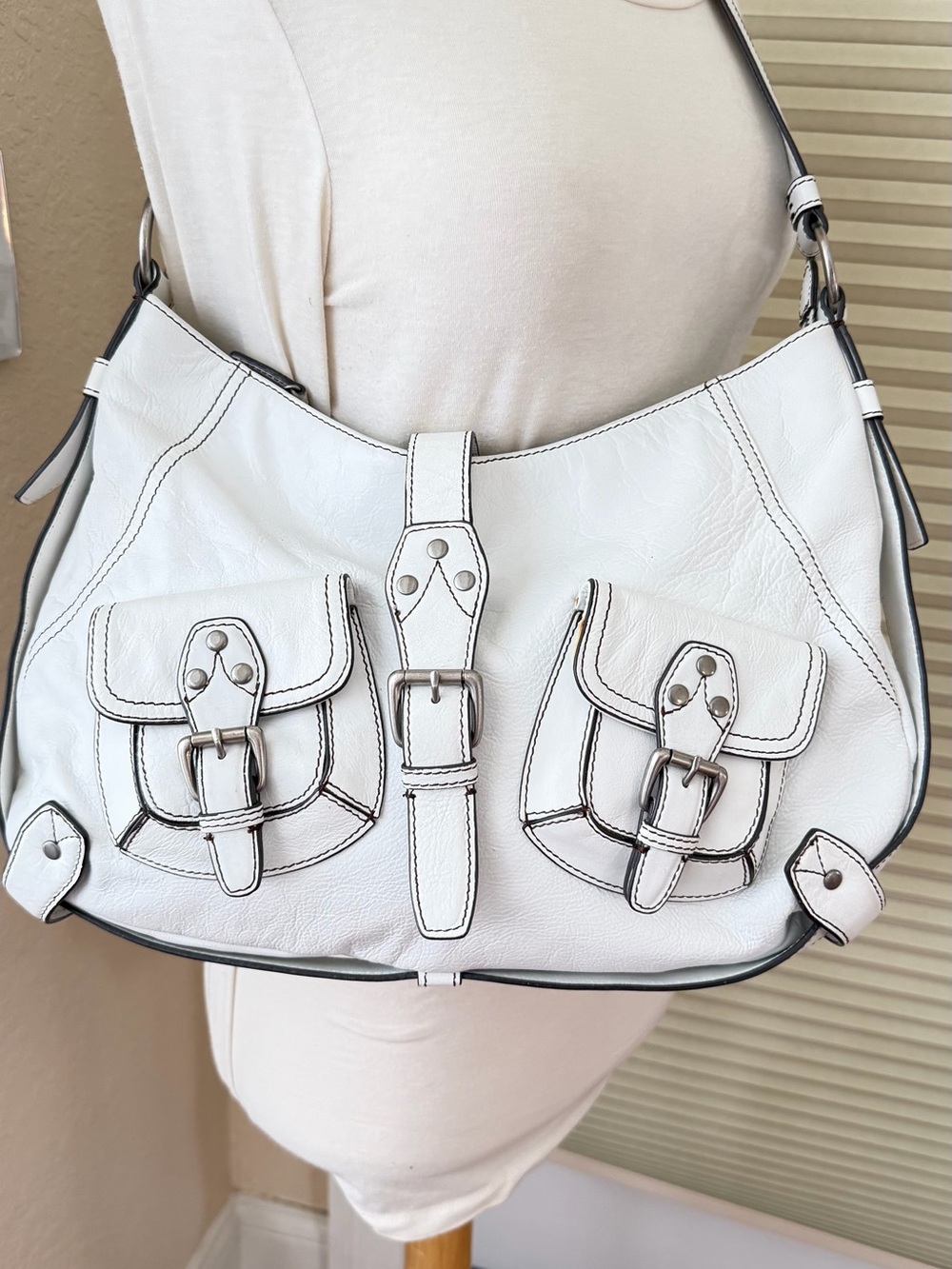 BCBG White Leather Buckle Pocket Shoulder Bag